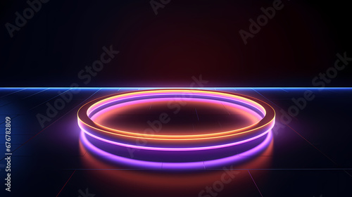 3D render, abstract geometric background of neon linear ring glowing in the dark, minimalist futuristic wallpaper