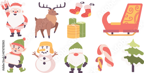 Christmas Vector Characters Set. santa claus  gift  stocking  sleigh  reindeer  candy cane  dwarf  elf  tree  snowman. cute christmas character  christmas element  Vector Illustrations.