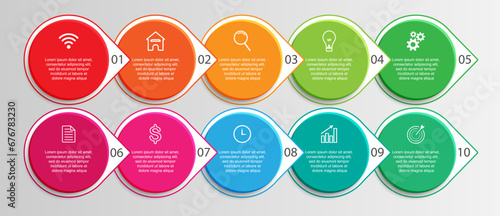 10 step 3d vector infographic, simple design with various interconnected colors, there are icons, text and symbols, good for your business presentation, concise and easy