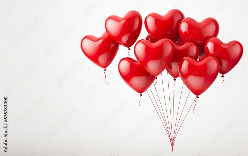 Bunch of red heart shaped latex balloons isolated on white background. Copy space at the left. Valentines day, engagement or wedding party poster. AI Generative