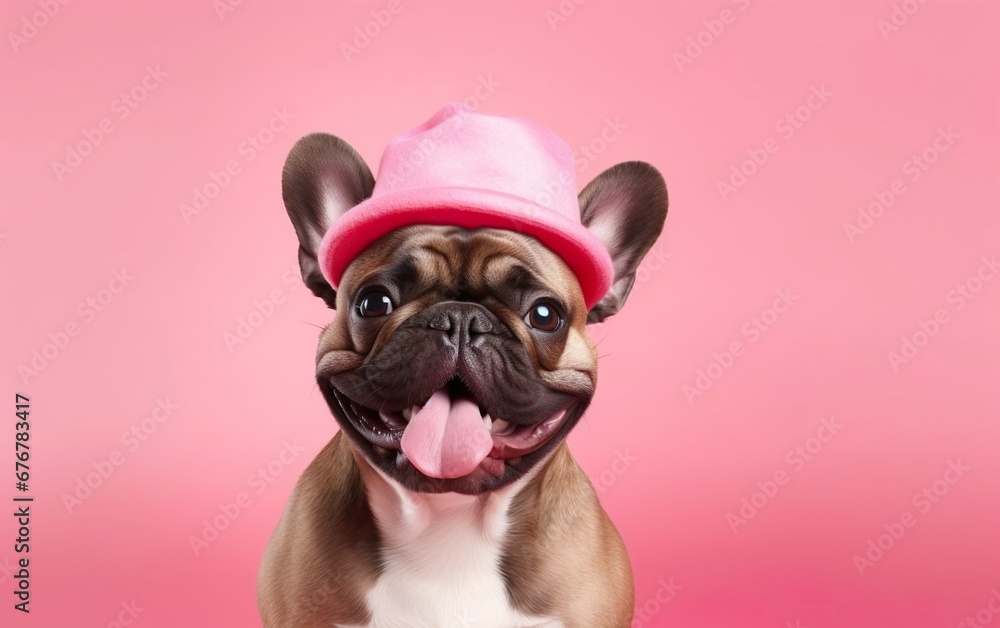 Happy french bulldog, tongue out, with pink hat isolated on warm pink background. AI Generative.