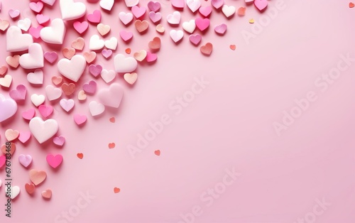 Pastel doll style pink background with scattered felt hearts, top view, over the shoulder, copy space at the right. Valentines day, engagement or wedding party poster. AI Generative