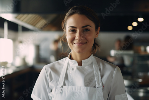 Fototapeta Naklejka Na Ścianę i Meble -  Business portrait of a female professional chef, standing in the kitchen and smiling at the camera