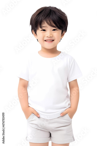 Adorable Asian Japanese Boy with White Blank T-shirt and Comfortable Shorts Mockup for Trendy E-commerce Fashion
