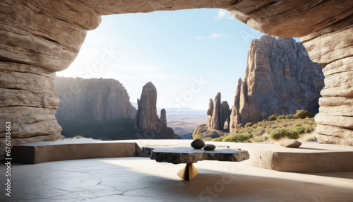 A stone table with two small rocks on it next to a wall has a large rock formation on it photo
