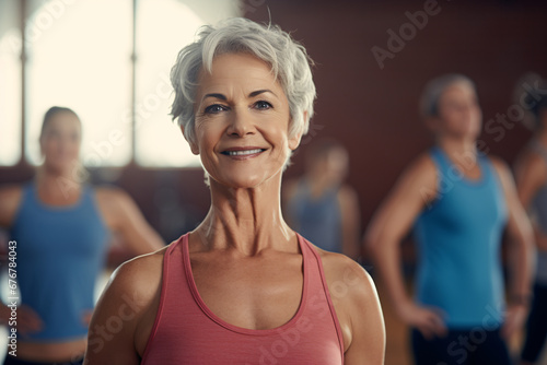Portrait of a mature caucasian woman in her 60s at a fitness class