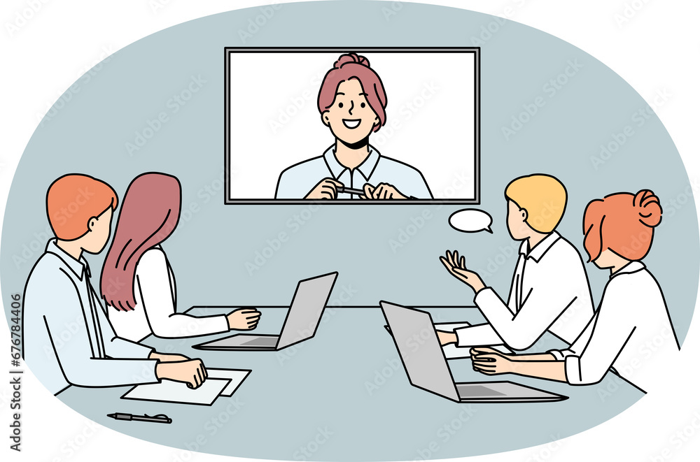 Businesswoman talk on video call with colleagues Businesswoman talk on video call with colleagues