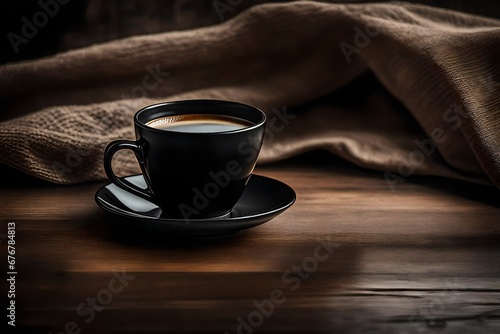 side view of a black ceramic cup of coffee on wooden surface with burlap canvas farbic photo