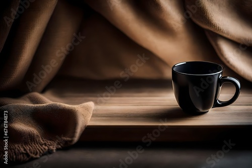 a black ceramic cup of coffee on wooden surface with burlap canvas farbic photo