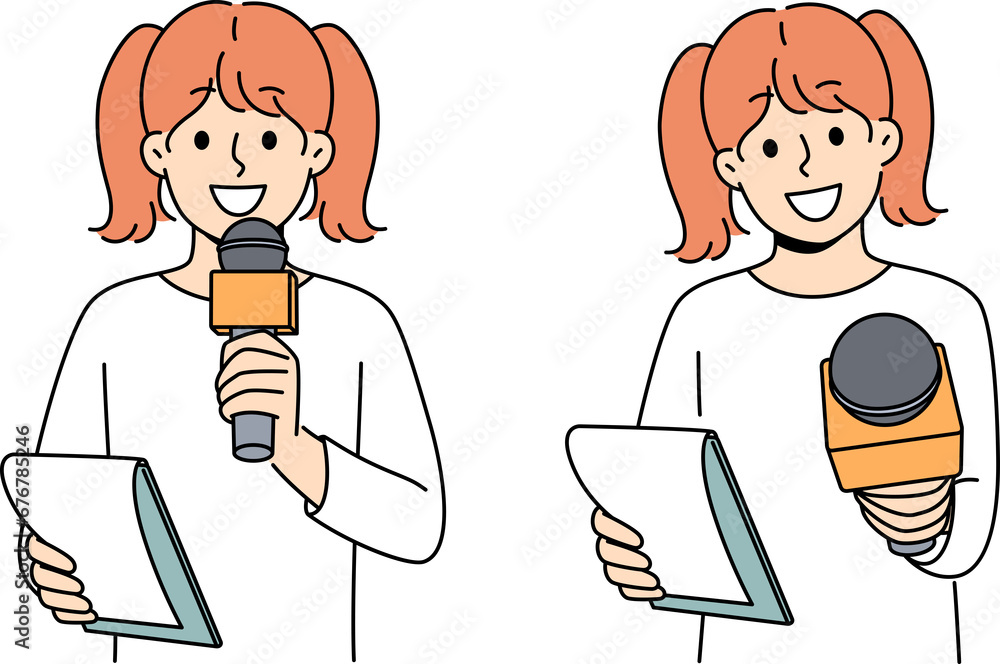 Little girl reporter with microphone smiling participating in shooting of educational TV show Little girl reporter with microphone smiling participating in shooting of educational TV show