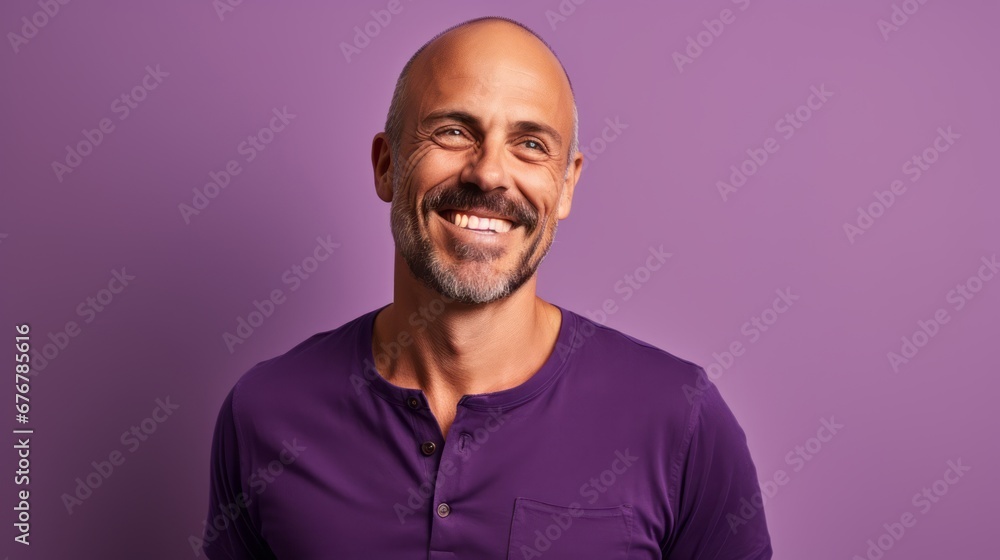 medium shot portrait photography of a pleased man in his 40s against a light purple background medium shot portrait photography of a pleased man in his 40s against a light purple background
