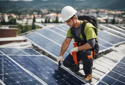 Solar power engineer installing solar panels on the roof electrical technician at work alternative  photo