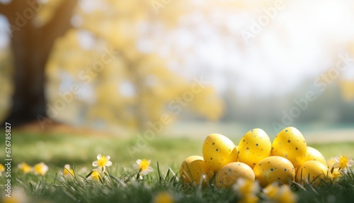 easter themed vibrant spring scene with lush green grass and white or yellow background #676785827