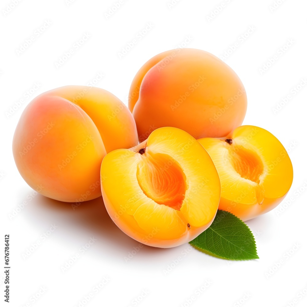 Fresh ripe apricots with leaf isolated white background AI generated Fresh ripe apricots with leaf isolated white background AI generated