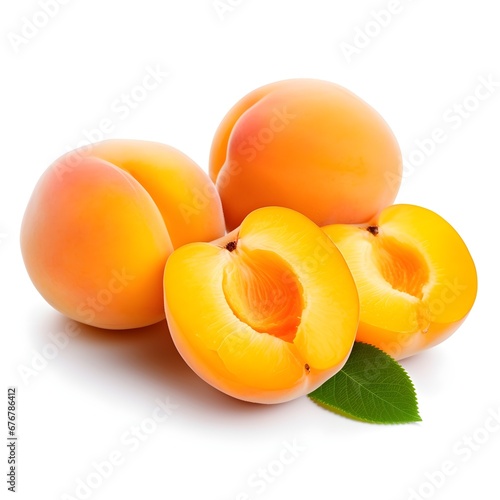 Fresh ripe apricots with leaf isolated white background AI generated