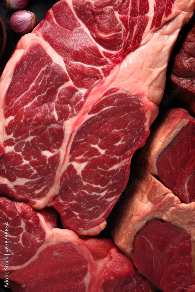 Top view of pieces of raw red meat with fatty layers.