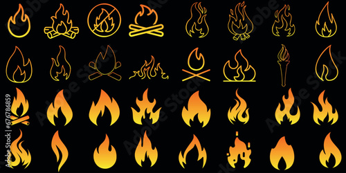  Fire, flame, bonfire vector icon set. Collection of 32 different designs in vibrant colors on a black background. Ideal for web, design, and print.