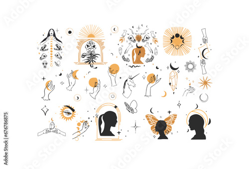 Hand drawn vector abstract graphic line illustration elements collection set,magic crescent,butterfly,flowers,animals,moon and human hands isolated. Mystical celestial esoteric magic design concept.