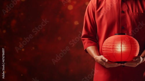 People hold red silk lantern. Chinese new year. Mid autumn festival.