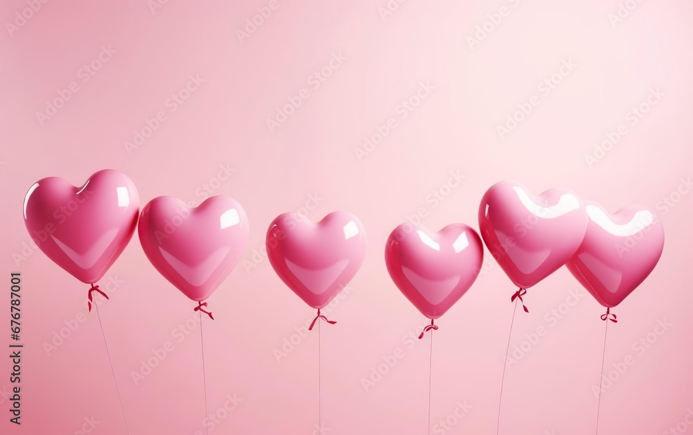 Pink heart shaped latex balloons lined up on pastel pink background. Valentines day, engagement or wedding party poster. AI Generative