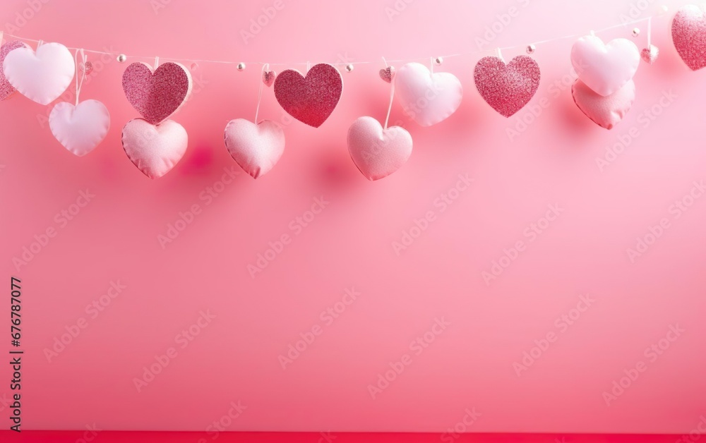 Doll style pink valentines day background with hanging hearts made of felt, copy space. Valentines day, engagement or wedding party poster. AI Generative Doll style pink valentines day background with hanging hearts made of felt, copy space. Valentines day, engagement or wedding party poster. AI Generative