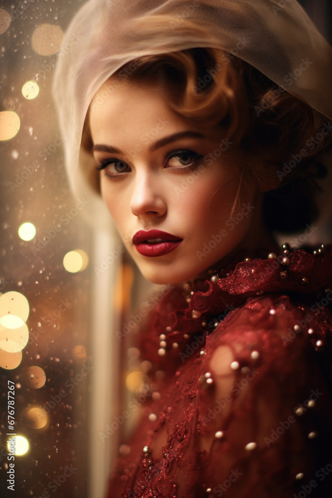 A woman in vintage fashion looks over her shoulder by a rainy window with soft bokeh