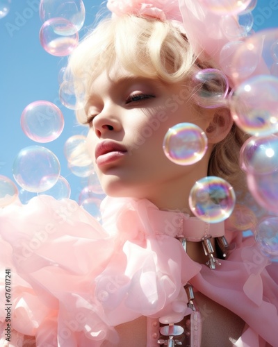 Serene blonde child in pastel attire surrounded by iridescent soap bubbles under clear blue sky