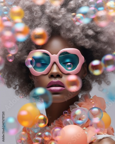 Stylish dark-skinned model with afro hair and pink sunglasses surrounded by soap bubbles on a neutral background