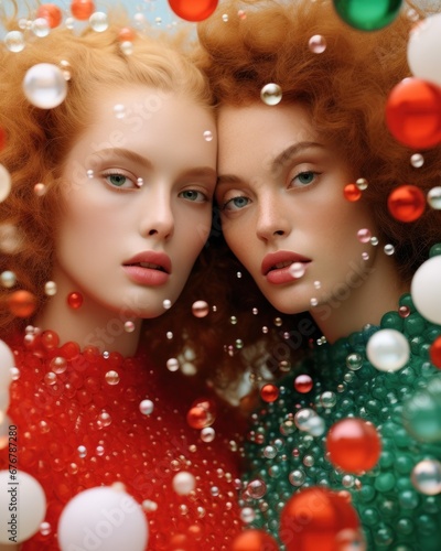 Twin fashion models surrounded by vibrant orbs create an enchanting and colorful visual