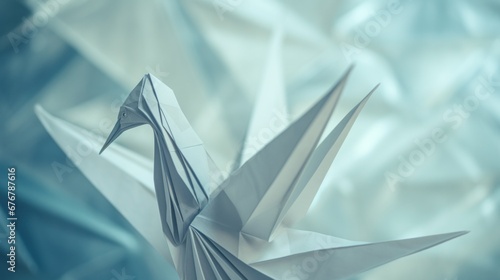 A paper crane is shown in a blue background, AI photo
