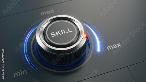 Switch with the word skill on maximum position. Skill levels knob button. Increasing skills level concept. 3d render