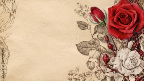 Red rose and vintage floral pattern on the blank sheet of paper with space for text for Valentine's Day.