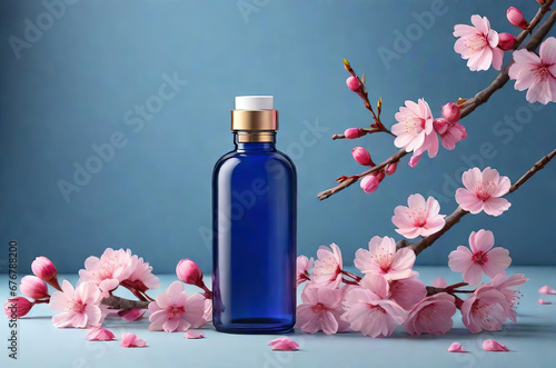 Cosmetic Glass Jars Featuring Luxurious Face Serum on Stylish Podiums Against a Tranquil Blue Background Adorned with Pink Sakura Blossom Branches. 