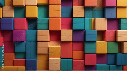 Wide Format Capture of Colorful Wooden Blocks Aligned to Create a Multicolored Wall Masterpiece. Generative AI.