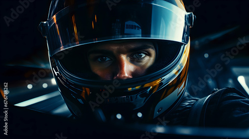 Close up formula one race car driver face photo