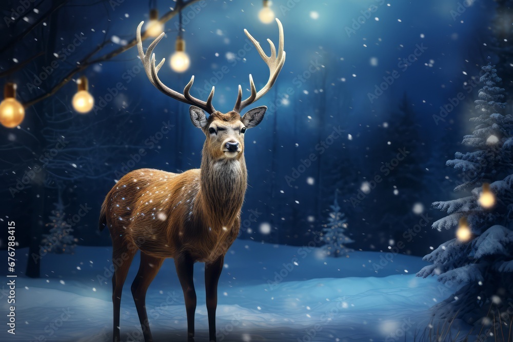 Christmas deer with fairy and Christmas lights on his horns stands in the snow backgroung, Christmas and New Year concept with Copy space.
Christmas deer with fairy and Christmas lights on his horns stands in the snow backgroung, Christmas and New Year concept with Copy space.