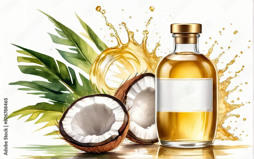 Coconut oil in a glass bottle. The product is made from coconut. Made in watercolor style. White background. AI Coconut oil in a glass bottle. The product is made from coconut. Made in watercolor style. White background. AI