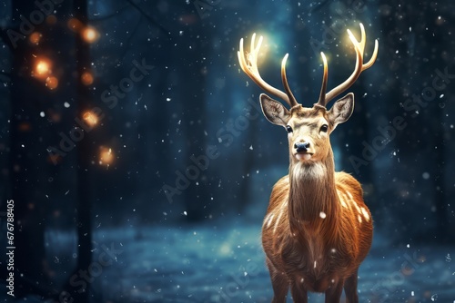 Christmas deer with fairy and Christmas lights on his horns stands in the snow backgroung, Christmas and New Year concept with Copy space.  © Nongkran