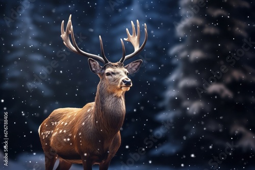 Christmas deer with fairy and Christmas lights on his horns stands in the snow backgroung, Christmas and New Year concept with Copy space. 