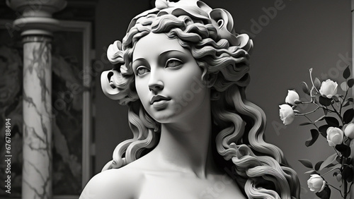 Gypsum ancient statue of Venus de Milo in pastel tone on pastel background. Plaster sculpture of a woman's face. Love, beauty, feminism. Y2K Modern Art Style. photo