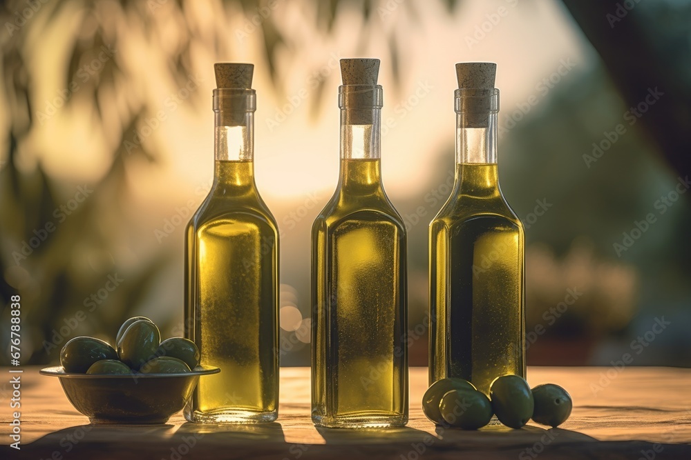 Olive oil bottle with olives leaves, AI generated Olive oil bottle with olives leaves, AI generated