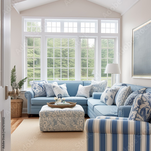 Interior design, living room decor and house improvement, furniture, sofa, home decor, white and blue textiles, country cottage lounge style, generative ai