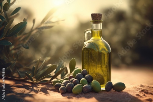 Olive oil bottle with olives leaves  AI generated