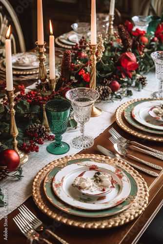 Christmas table scape, elegant formal dinner table setting, tablescape with holiday decoration for party event celebration, generative ai