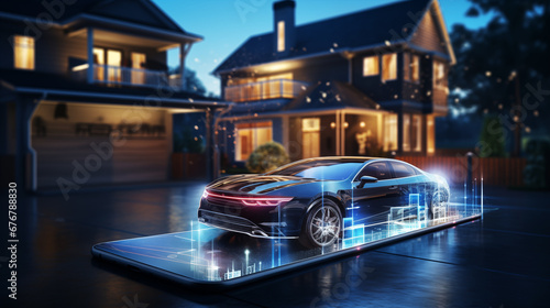 A holographic image of the application on a smartphone for car insurance © mikhailberkut