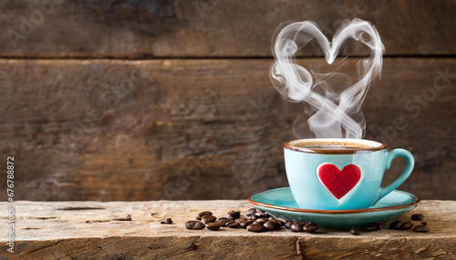 Coffee cup with heart-shaped steam on rustic wood
