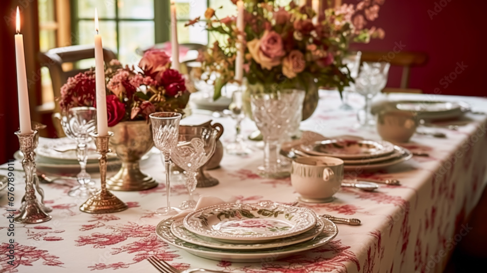 Autumnal holiday tablescape, formal dinner table setting, classic festive table scape with decoration for wedding party and event celebration, generative ai