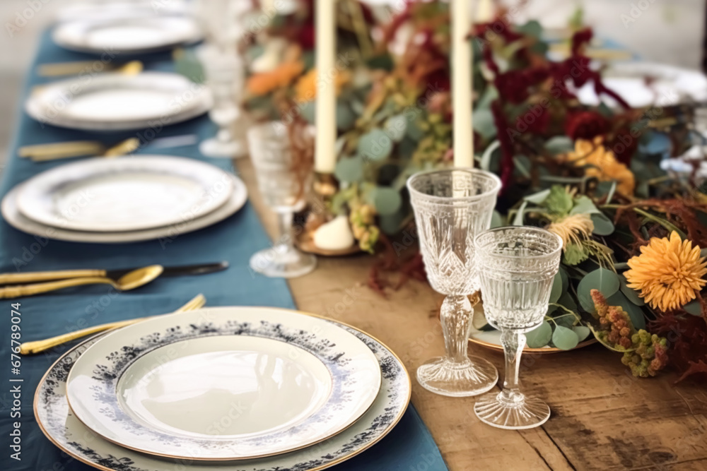 Formal holiday tablescape with blue decor, dinner table setting, table scape with elegant tableware and dinnerware for wedding party and event, generative ai