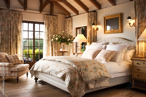 Bedroom decor  interior design and holiday rental  classic bed with elegant plush bedding and furniture  English country house and cottage style
