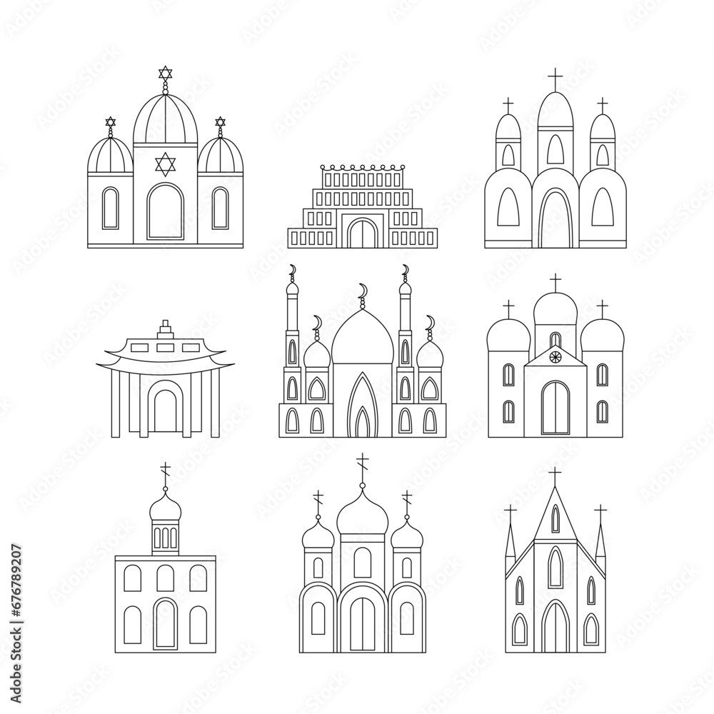 Religious buildings set line art. Vector set of different relirious temples. Religious buildings set line art. Vector set of different relirious temples.